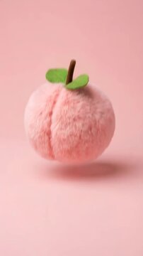 Fluffy pink plush peach transitioning from resting to floating over a pastel backdrop. soft toy with green leaf and stem.