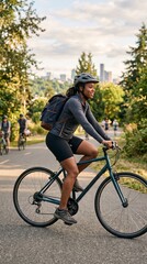 Fototapeta premium Young Black Woman Riding Bicycle in Park with City Skyline in Background