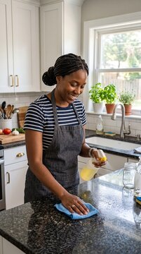 Smiling Black Woman Cleaning Kitchen Countertop with Spray Bottle and Cloth