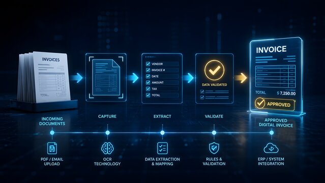 Seamless automated invoice processing workflow featuring advanced OCR technology, precise data extraction, validation, and efficient ERP system integration for modern finance.