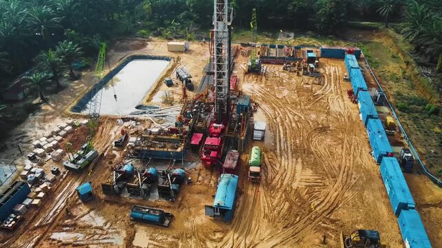 Aerial view of construction site with drilling rig and equipment