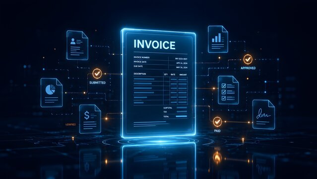 Digital invoice processing with automated financial management and approval workflow, illustrating modern business accounting and payment systems in a tech environment.