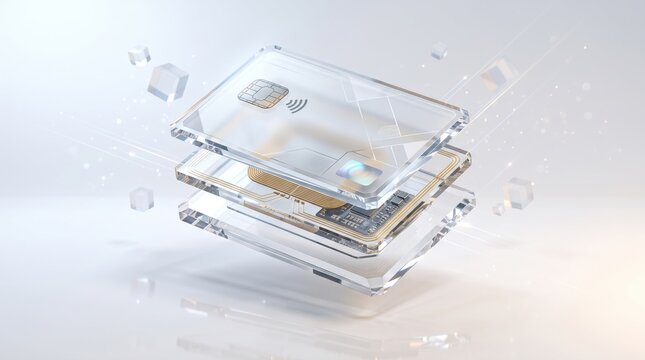 Transparent smartphone with visible nfc chip and circuit board inside Transparent debit card mockup design 2026