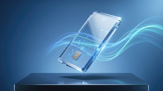 Modern smartphone with embedded sim card floating over a reflective surface Transparent debit card mockup design 2026
