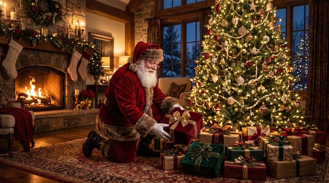 Santa Claus placing gifts under a decorated Christmas tree near a fireplace
