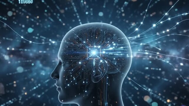 Human brain glowing with neural network connection and artificial intelligence in digital cosmic space background.