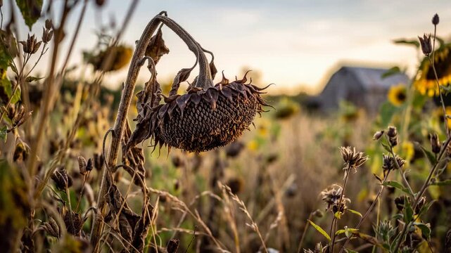Close-up of a dried sunflower bending over in an arid agricultural field. Environmental video representing drought, crop failure, water scarcity and climate change.