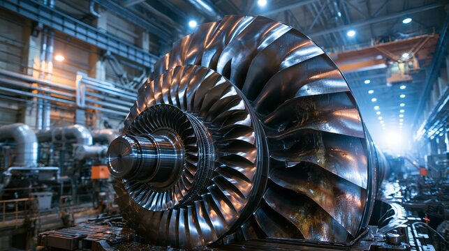 Hydroelectric turbine runner with curved blades in sharp focus and a blurred power plant hall behind. Concept of hydroelectric power maintenance.