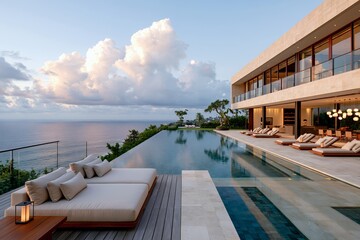 Fototapeta premium 贅沢な海外リゾートヴィラとインフィニティプールの夕暮れ絶景