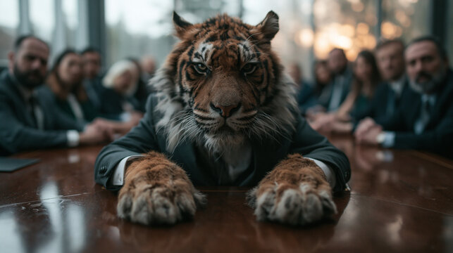 Tiger Executive in Suit Sitting at Boardroom Table