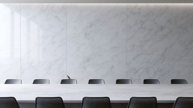 Empty Boardroom Table and Marble Wall in Corporate Office