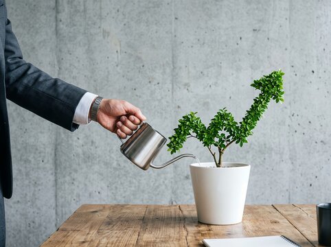 ビジネス成長を育む水やり矢印の木に投資する男性の手