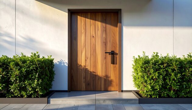 A front view of a contemporary home entrance featuring a sleek wooden door set within a vertical wood panel wall and concrete exterior, flanked by green bushes under morning sunlight