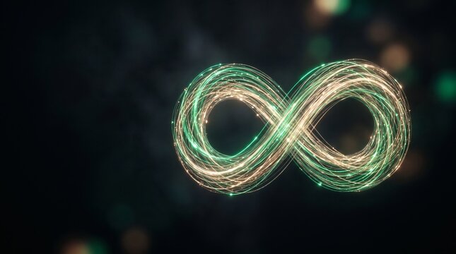Infinity Symbol Glowing with Green Light Trails in Dark Digital Space for Future Tech Concept