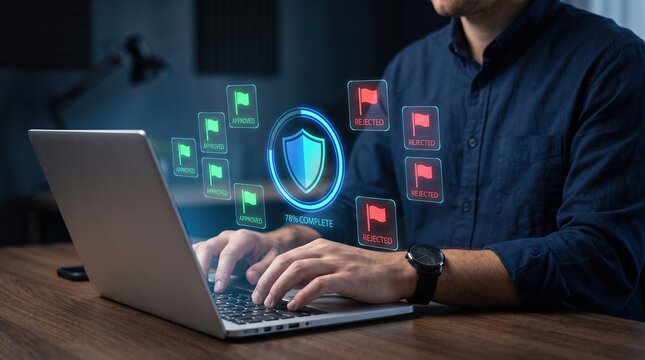 AI content moderation approval workflow holographic interface above laptop with professional hands, glowing approved and rejected review flags, artificial intelligence quality control and compliance 
