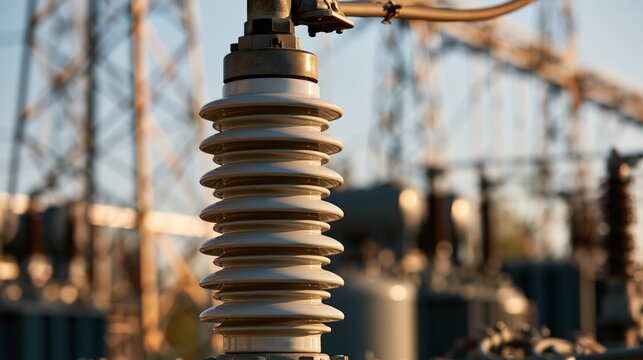 High voltage transformer bushing with ribbed porcelain insulator in sharp focus and a blurred substation behind. Concept of electrical transmission infrastructure.