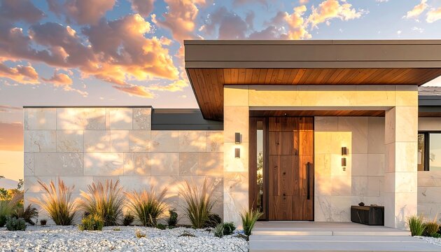 A front view of a contemporary home featuring light stone cladding, a warm wooden front door, minimalist landscaping, and dramatic evening lighting against a cloudy sunset sky