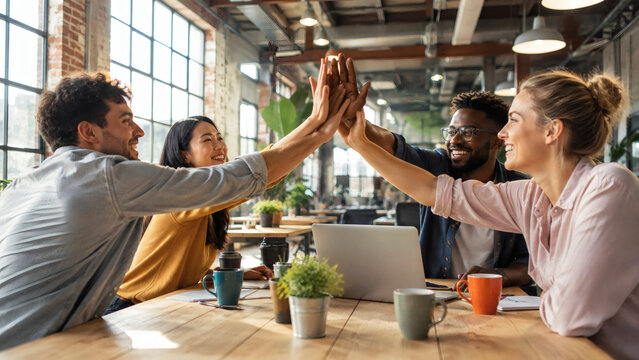 Startup team hands joining in high five over sunny desk, celebration concept