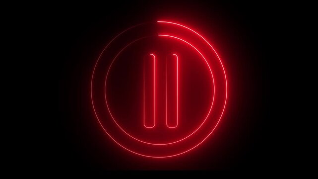 Glowing light neon red color media player pause icon animation sign symbol on black background. 4k animation motion video.