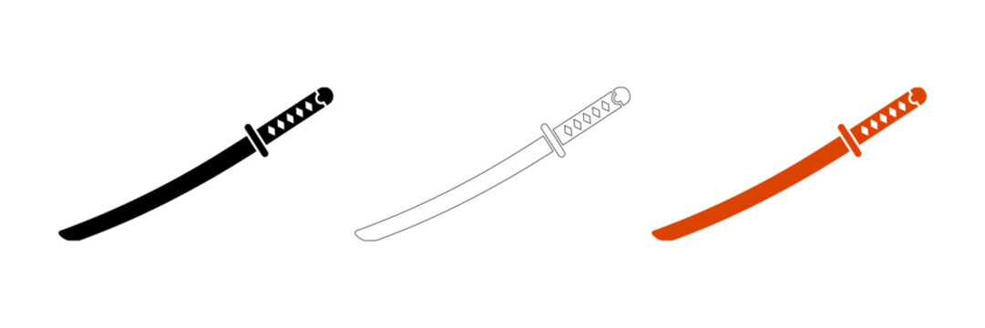 Three stylized katana swords with different designs and colors isolated on transparent background, Vector