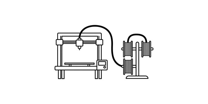 3d printer machine icon with material spool rack for prototyping and additive manufacturing.