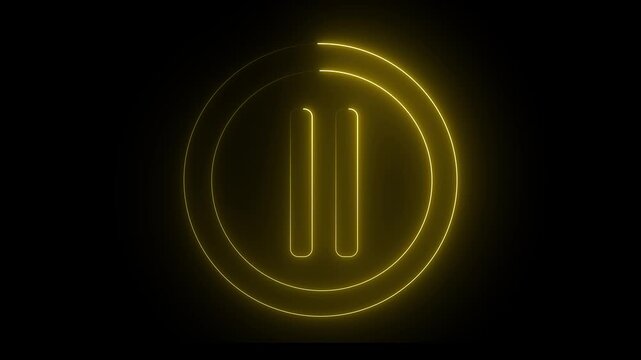 Glowing light neon yellow color media player pause icon animation sign symbol on black background. 4k animation motion video.