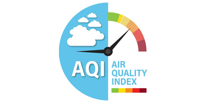 Air quality index gauge conceptual illustration with clouds.