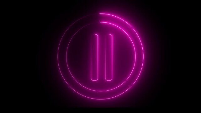 Glowing light neon pink color media player pause icon animation sign symbol on black background. 4k animation motion video.