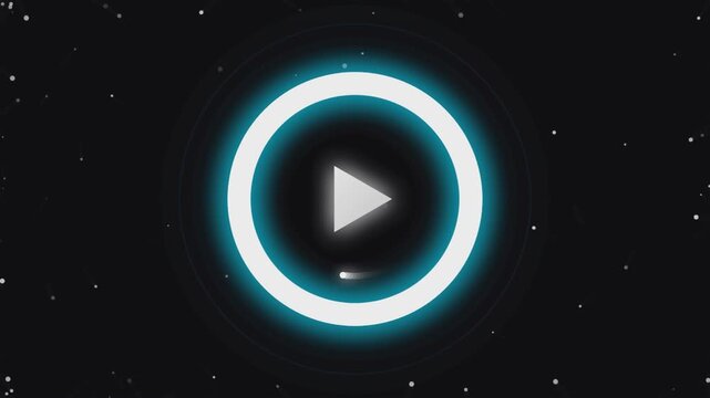 Cosmic Play Button: A luminous blue circle frames a minimalist play icon against a dark, star-dusted backdrop, symbolizing the start of a digital journey.