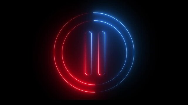 Glowing light neon blue and red color media player pause icon animation sign symbol on black background. 4k animation motion video.