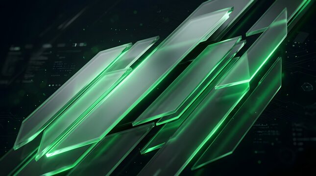 Glowing Green Glass Shards on Dark Futuristic Circuit Background