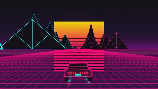 Retrowave synthwave driving landscape with grid and sunset