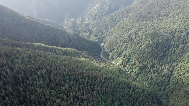 Cinematic drone flight above lush green Caucasus mountains, drifting clouds in Svaneti, Georgia. Peaceful aerial landscape for travel films, meditation, relaxation, wellness nature projects