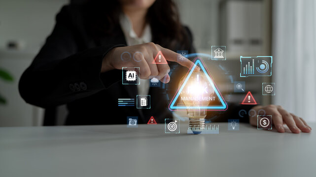 Futuristic risk management featuring AI agents analyzing data, detecting anomalies, and predict financial threats. Represents dynamic risk assessment, compliance, and cyber resilience. Corpus