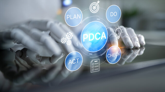 Futuristic Concept of PDCA Cycle with Robotic Hands, Representing Plan, Do, Check, Act Methodology for Continuous Improvement and Process Management. Bitwise.