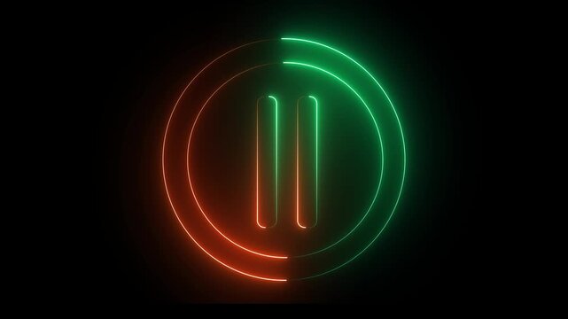 Glowing light neon mint and orange color media player pause icon animation sign symbol on black background. 4k animation motion video.
