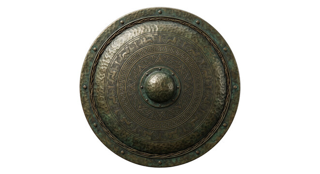 Ancient decorated round bronze shield with Greek meander patterns