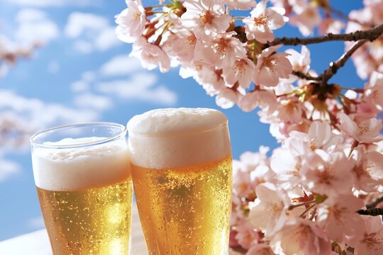 桜満開の晴天の青空の下で泡立つビールを2杯並べて春の屋外を楽しむ