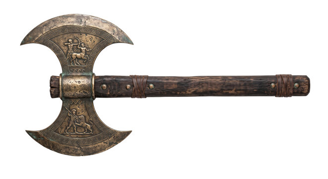 Antique bronze double headed battle axe on transparent background