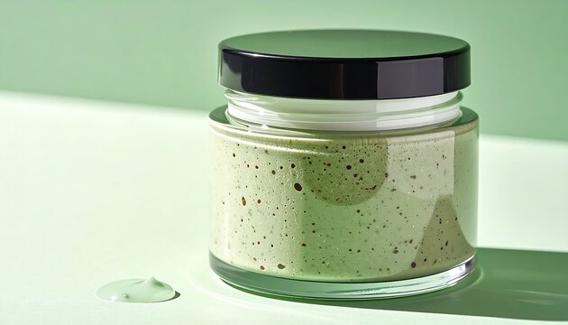 Close-up studio composition of an open transparent glass jar filled with green exfoliating cosmetic cream, resting on a smooth surface casting a soft shadow against a muted green backdrop with copy sp
