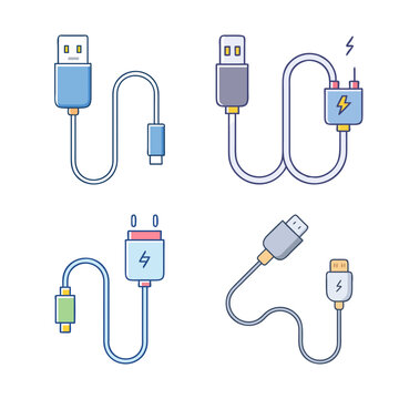 Four colorful usb cables with connectors set - Bright blue USB cables with different connector types arranged neatly for digital or tech illustrations.