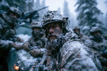 Obraz premium Soldier in Winter Camouflage Forest