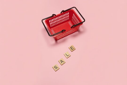 Red shopping basket and "sale" spelled with scrabble tiles on a pink background