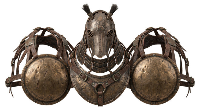 Antique Greek horse armor set with helmet and straps