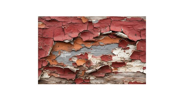 Close up of a weathered brick wall with layers of peeling red paint revealing old plaster underneath