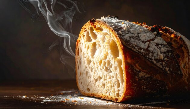 Close-up studio photograph of a cut loaf of crusty artisan bread with a soft porous crumb, rising steam, and scattered flour crumbs on a dark wooden table