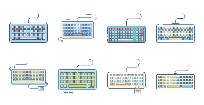 Keyboard shortcuts cheat sheets comparison illustration - Colorful comparison of different keyboard shortcuts cheat sheets for computers, showing layout variations and design styles.