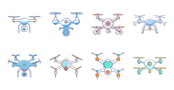 Colorful drones flying in formation - Set of stylized vector drones in blue and white flying together in a coordinated pattern.