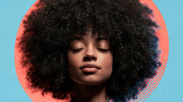 Young Black Woman with Afro Hair in Serene Pop Art Portrait