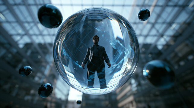Futuristic Businessman Inside Floating Glass Sphere in Corporate Atrium